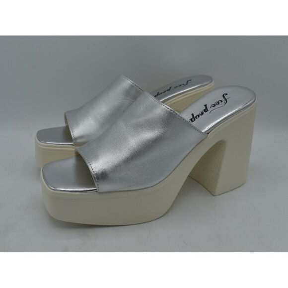 Free People EU 39.5 US 9 Zoe Platform Silver Metallic Leather Slide Sandal Shoes - Picture 2 of 13